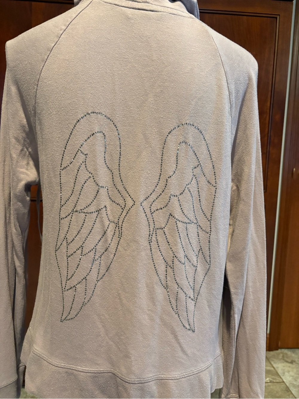 Women's Hooded Long-Sleeve Jacket with Rhinestone Angel Wings - Light Taupe - Picture 2 of 6